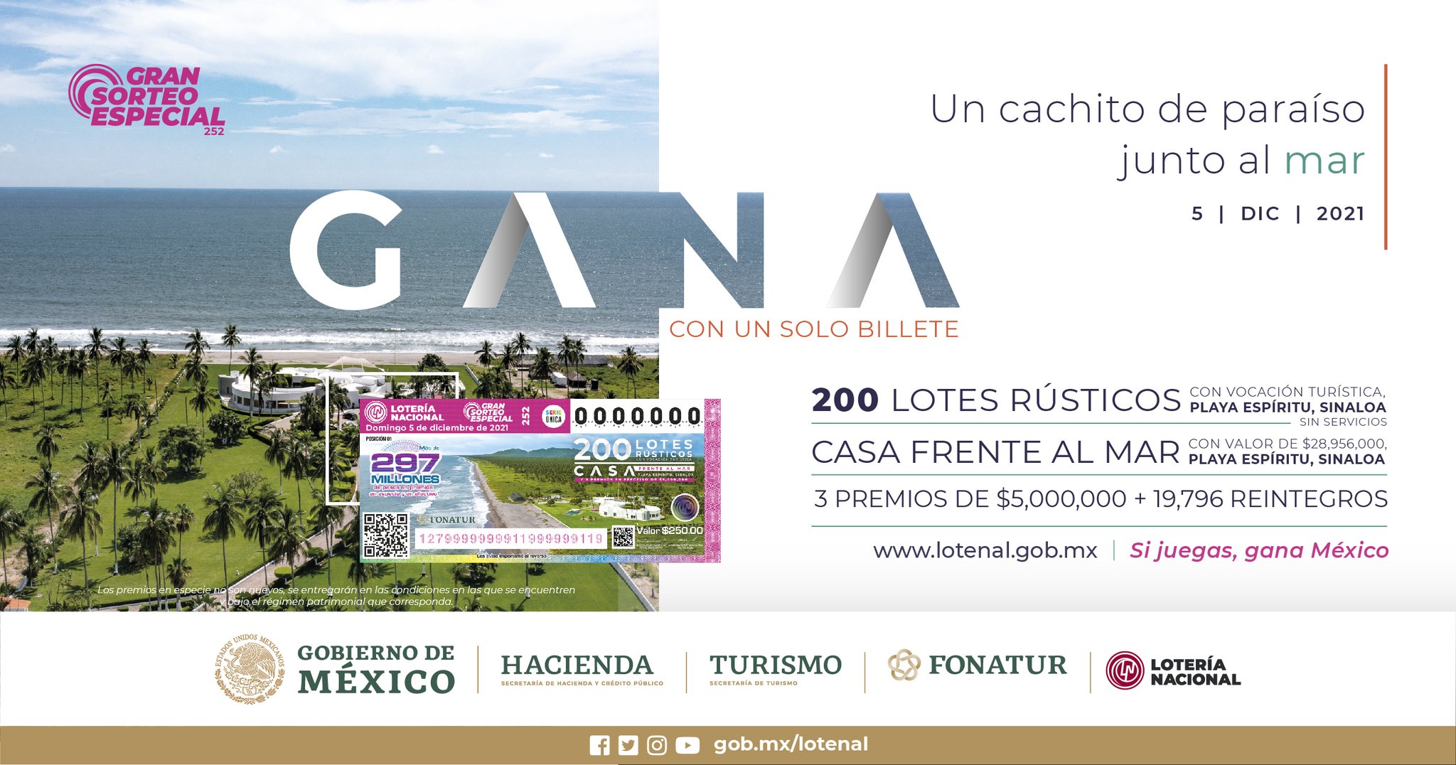 Rifará Lotería Nacional 200 lotes turísticos en Sinaloa