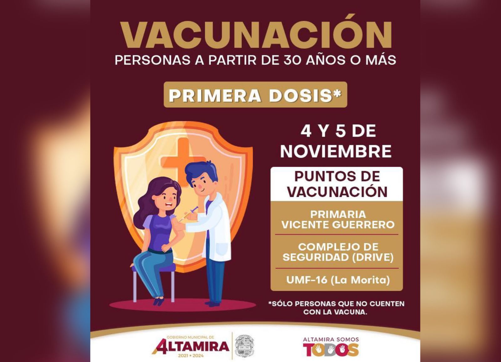 Aplicarán primera dosis a los de 30 o más en Altamira