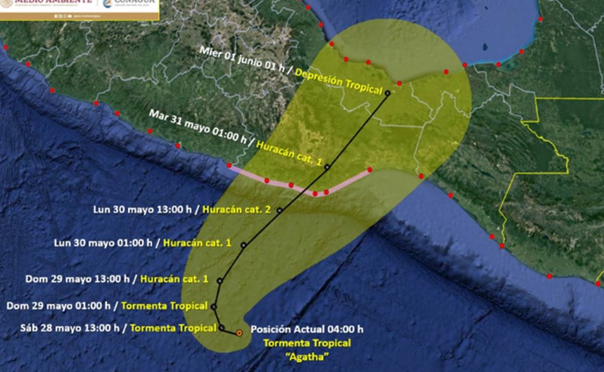 El "peligroso" huracán Agatha impactará las costas de Oaxaca este lunes, según informa la Conagua. Ya se localiza a 90 km al su suroeste.